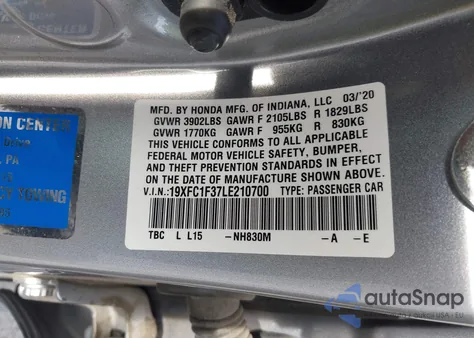 2020 Honda Civic Ex z USA, uszkodzony, nr VIN 19XFC1F37LE210700